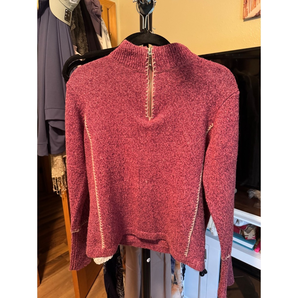 Woolrich Womens Magenta Marled Knit Quarter Zip Sweater Whipstitch Detail Medium